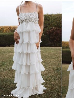 White Tiered Ruffle Maxi Dress with Floral Bodice